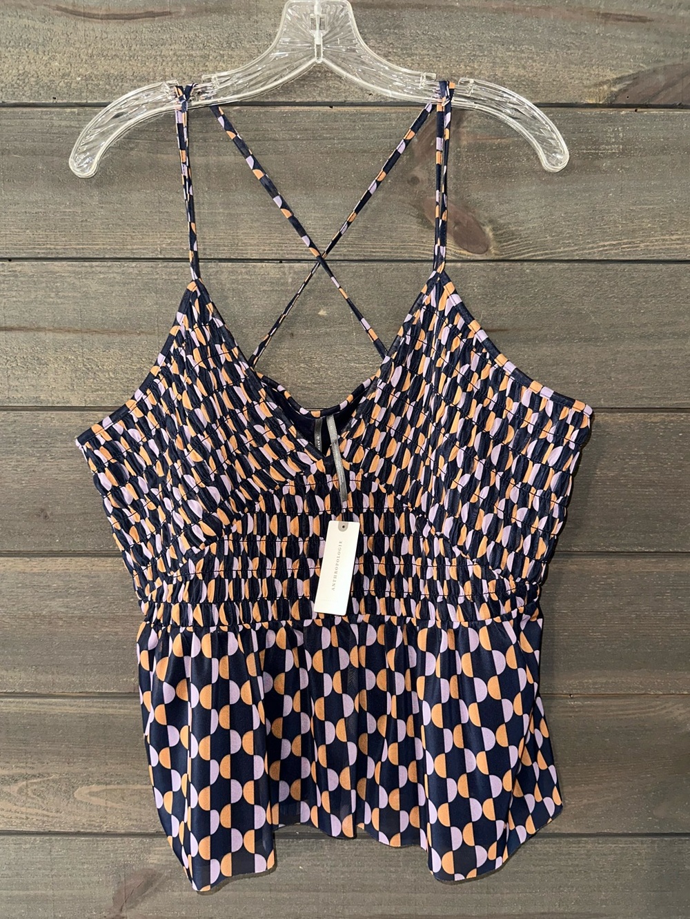 WT ANTHROPOLOGIE Women's Navy Geometric Smocked Cami Top - Peach/Purple